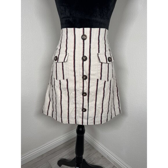Striped Cotton Linen Blend Knee-Length Skirt With Button Front & Tie Waist‎ - Picture 2 of 6